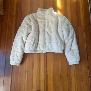 Cream Faux Fur Puffer Bomber Jacket